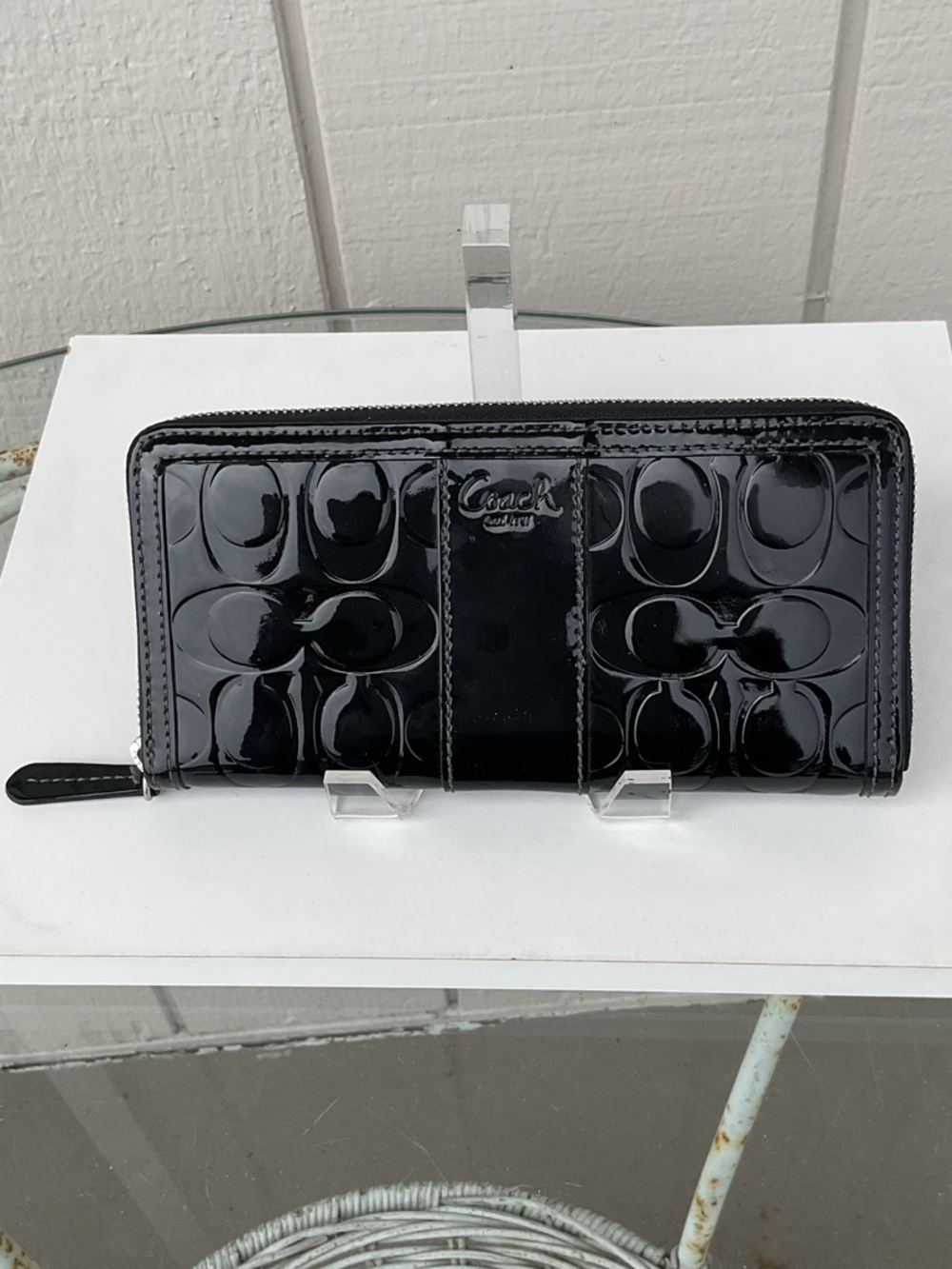 Coach Glossy Black Patent Signature Pattern Accordion Zip Wallet